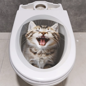 Detailed 3D cat sticker on white ceramic toilet lid with realistic fur and funny expression