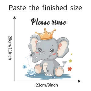 Adesivo murale con elefante cartoon, corona e spruzzi d'acqua, misura 23x28 cm