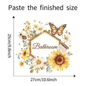 Detailed dimensions of sunflower and bee bathroom wall sticker with wood frame design