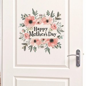 Sticker Mural Couronne Florale Happy Mother's Day en PVC Imperméable Amovible Décoration de Maison Autocollant de Porte Pour Chambre Salon