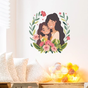 Détail d'un sticker mural illustrant une mère et sa fille dans une couronne de fleurs