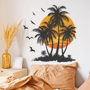 Tropical sunset wall decal with palm tree silhouettes and birds for home decor