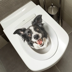 3D border collie dog sticker on a white toilet lid in a modern minimalist bathroom