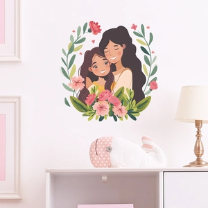 Sticker mural mère et fille avec fleurs pour décoration de chambre d'enfant cosy