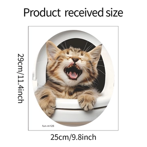Size specifications for 3D orange cat wall decal measuring 29cm by 25cm for bathroom decor