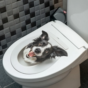 3D border collie toilet lid decal showing a puppy peeking from a realistic hole effect