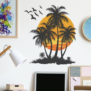 Tropical sunset wall decal featuring black palm tree silhouettes and flying birds