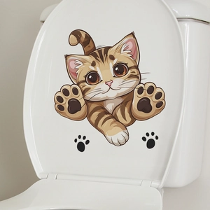 Simpatico adesivo 3D per WC con gatto tigrato arancione e impronte di zampe