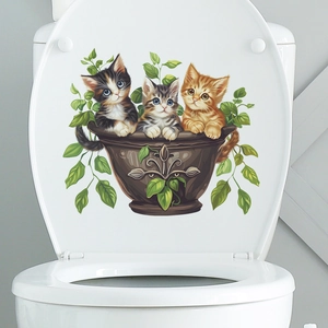 Cute cartoon cats in planter with green leaves decorative wall sticker for toilet lid