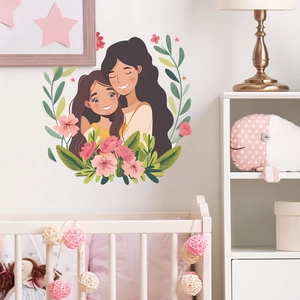 Stickers Muraux Dessin Animé Fête des Mères Couronne Florale PVC Étreinte Mère Fille Décoration Murale pour Chambre