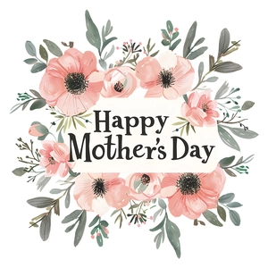 Sticker mural Aquarelle Happy Mother's Day avec anémones roses et décor de feuilles vertes