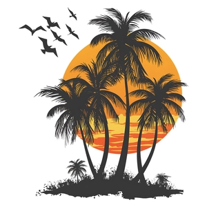 Tropical sunset wall decal with black palm trees and seagulls silhouette design