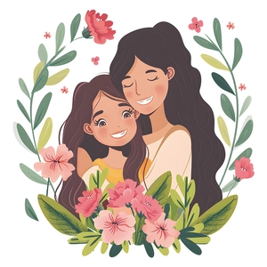 Sticker mural mère et fille avec couronne d'œillets pour décoration de chambre