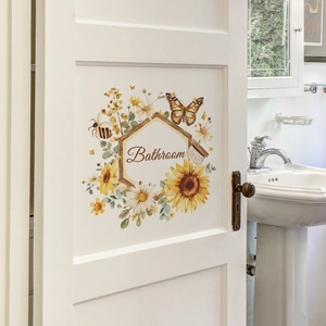 Sunflower and butterfly floral bathroom door sticker with wooden frame design
