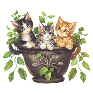 Close-up of cute cartoon kittens in a ceramic pot with green leaves wall sticker detail