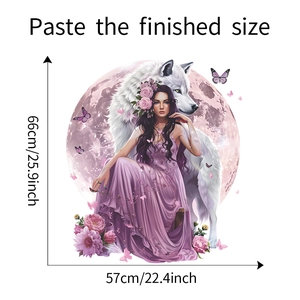 Detail showing wall sticker dimensions 66x57cm with woman and white wolf design