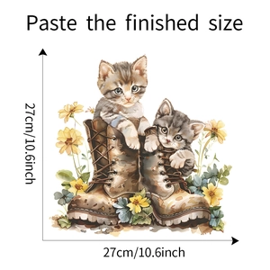 Watercolor kitten in boots wall sticker detail with flowers and 27cm size markings