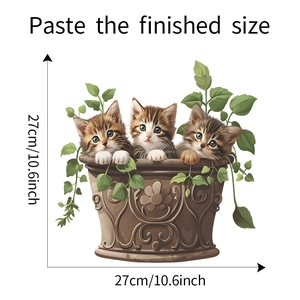 Cartoon cats in a vintage flower pot wall sticker with green leaves for bathroom decor
