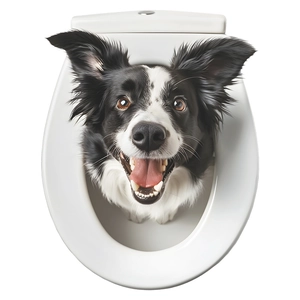 Close-up of a 3D Border Collie dog wall sticker applied to a white bathroom toilet lid