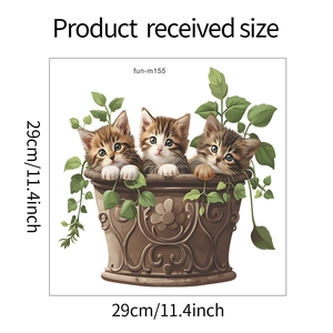 Detailed dimension guide showing 29cm square wall sticker with cute kittens and green leaves