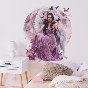 Beauty and wolf wall sticker for bedroom with a fantasy woman and large white wolf design