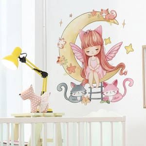 Cartoon Mond Fee Mädchen Und Katze Wandaufkleber PVC Abnehmbare DIY Wandaufkleber Für Kinderzimmer Schlafzimmer Wohnzimmer Dekor