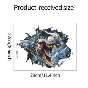 Detail view of 29x22cm 3D dinosaur wall sticker showing T-Rex breaking through wall