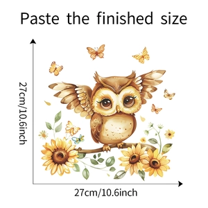 Detailed view of cartoon owl and sunflower glass window sticker with size dimensions