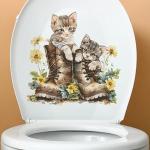 Cute watercolor cats in boots with sunflowers wall decal for bathroom toilet decoration