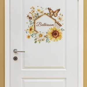 Self-adhesive sunflower and butterfly floral wall sticker with Bathroom text for home decor