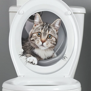 3D cute cat toilet seat sticker with lifelike tabby cat peeking from a broken hole