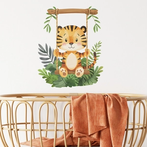 Cartoon tiger on swing wall sticker for kids bedroom with tropical green leaves decor