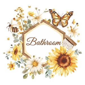 Sunflower and butterfly bathroom wall sticker with wood texture hexagon design