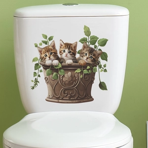 Cartoon cats in pots with green leaves waterproof wall sticker for toilet decor