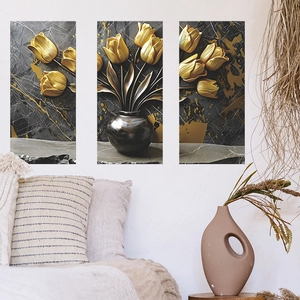 Dreiteiliges Wandbild-Set mit goldenen Tulpen auf schwarzem Marmor für das Zuhause