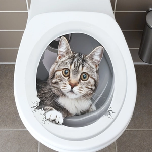3D realistic tabby cat decal creating an illusion of peeking through a broken toilet lid