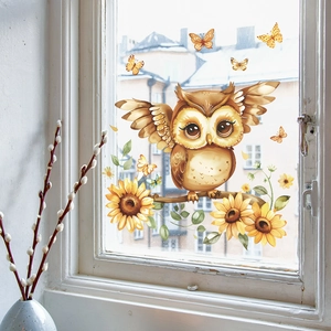 Cartoon owl and sunflowers static window sticker for glass home decor and beautification