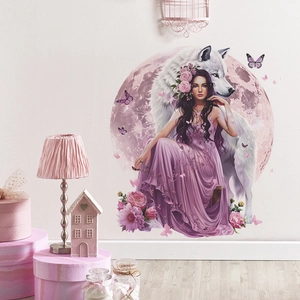 Artistic wall sticker featuring a woman with a white wolf under a pink moon decor