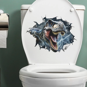 3D T-Rex dinosaur wall sticker showing broken wall effect for bathroom toilet decor