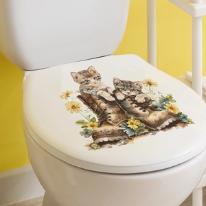 Creative toilet wall sticker featuring kittens in boots with sunflower floral patterns