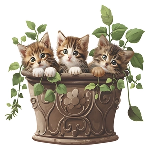 Detail of cartoon striped kittens in a vintage flowerpot with lush green vine leaves
