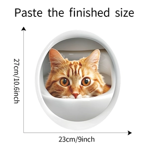Detail showing dimensions of cute 3D orange cat toilet sticker wall decal 27x23cm