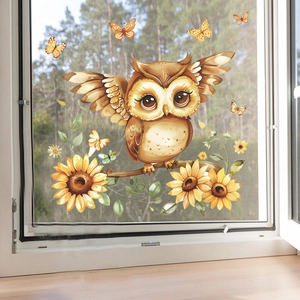 Cartoon owl and sunflower static window decals for home glass decoration scene