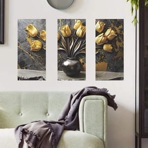 Dreiteiliges Wandbildset mit goldenen Tulpen und schwarzer Marmortextur für Deko