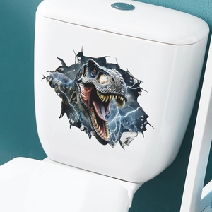 Close-up of 3D dinosaur wall sticker showing a T-Rex breaking through a bathroom wall