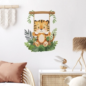 Watercolor cartoon tiger on a swing wall sticker in a modern minimalist nursery room