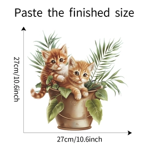 Detail view of cartoon orange cats in pots wall sticker with 27cm size markings