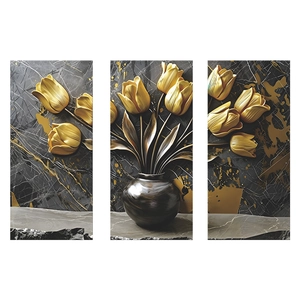 3-teiliges Wandbild-Set mit goldenen 3D-Tulpen in dunklen Vasen auf Marmorhintergrund