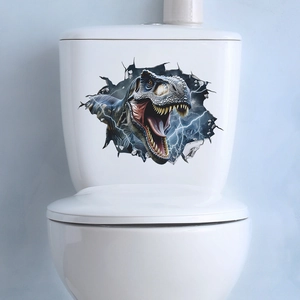 Creative 3D T-Rex dinosaur sticker breaking through a white ceramic toilet tank wall