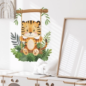 Cartoon tiger on swing wall decal for kids bedroom with tropical green leaves decor